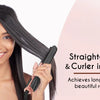 A woman is using a black hair straightener and curler in one device to achieve long-lasting beautiful results.
