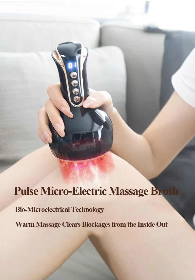 A hand holds a black massage brush with glowing tips, demonstrating the Pulse Micro-Electric Massage Brush.