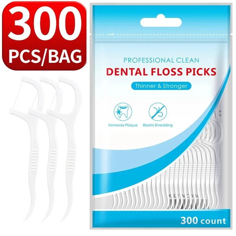A package of 300 professional clean dental floss picks in a clear plastic bag with a blue label.