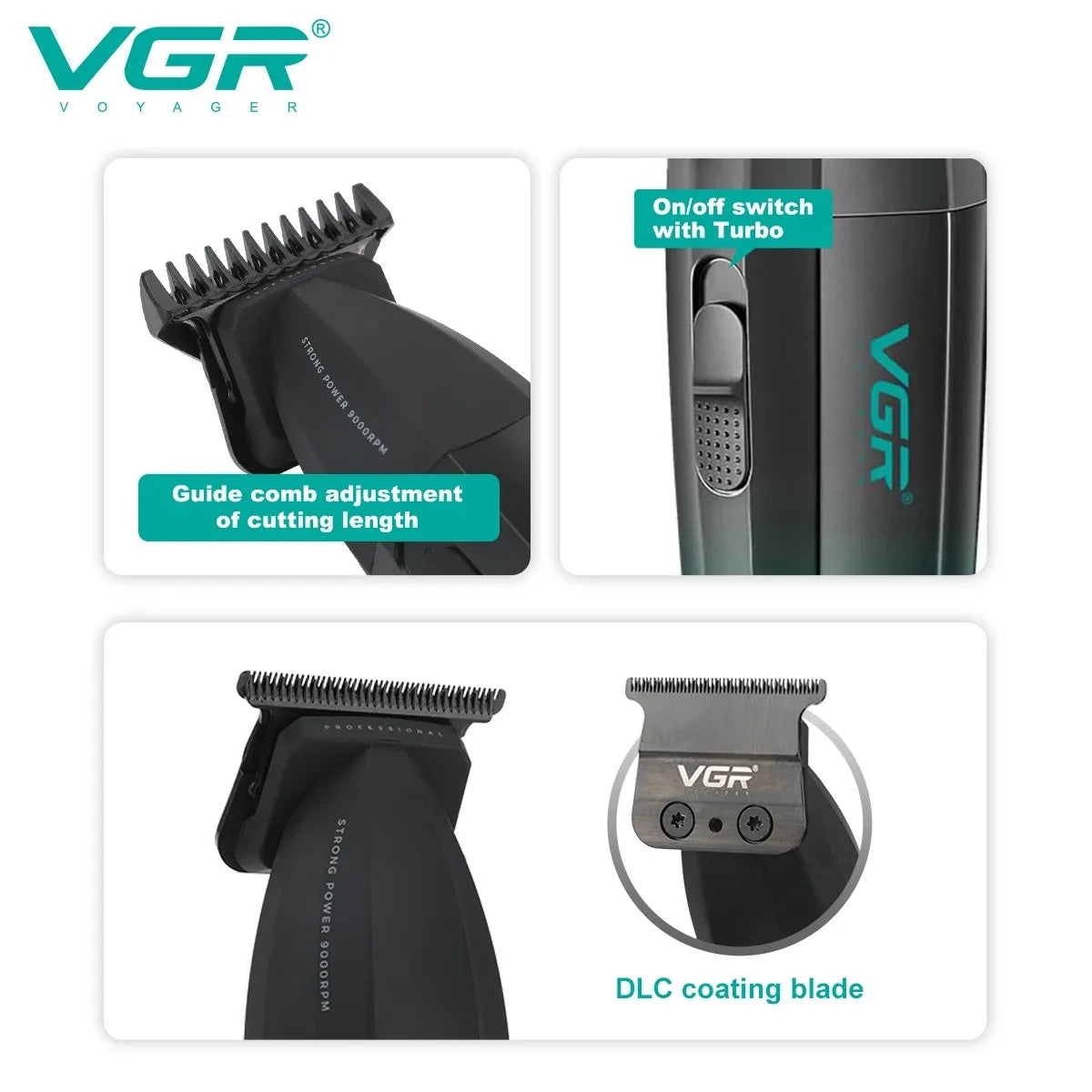 VGR Voyager professional cordless hair trimmer set showing various blades and an on/off switch.