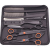 A black case containing professional stainless steel hairdressing scissors and combs.