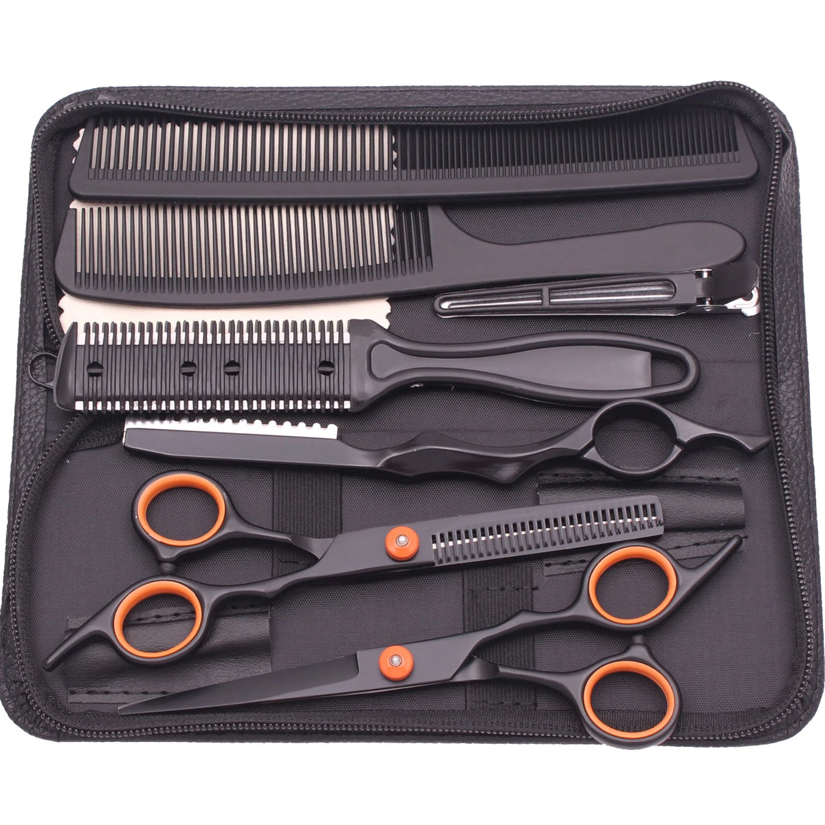 A black case containing professional stainless steel hairdressing scissors and combs.