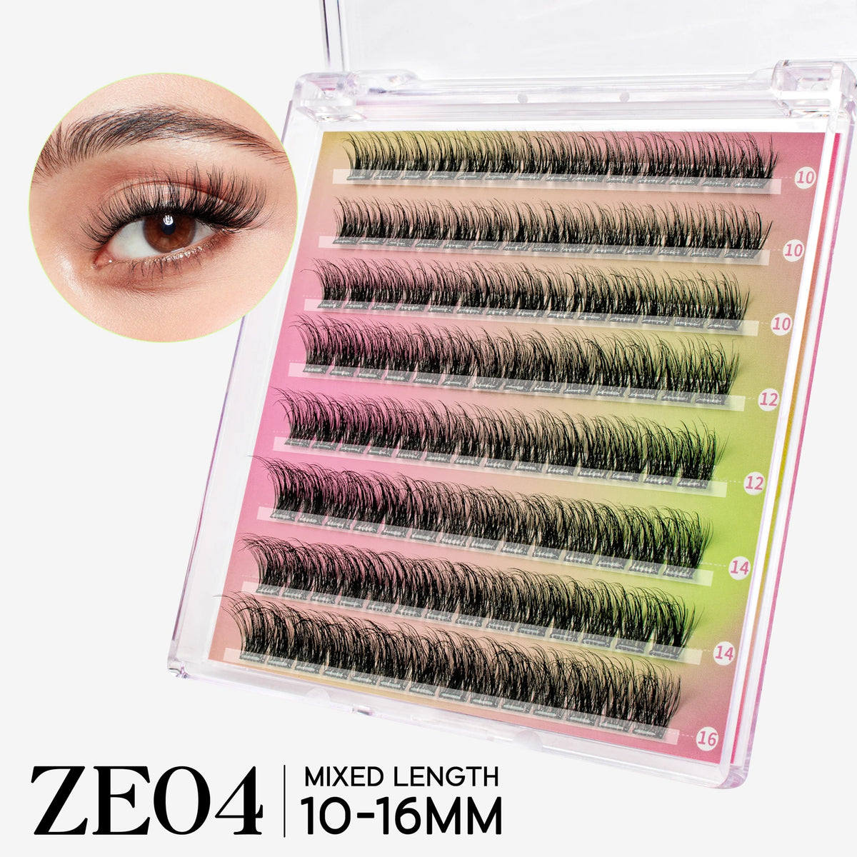 A box of ZE04 mixed length eyelash extensions showing various shades and lengths.
