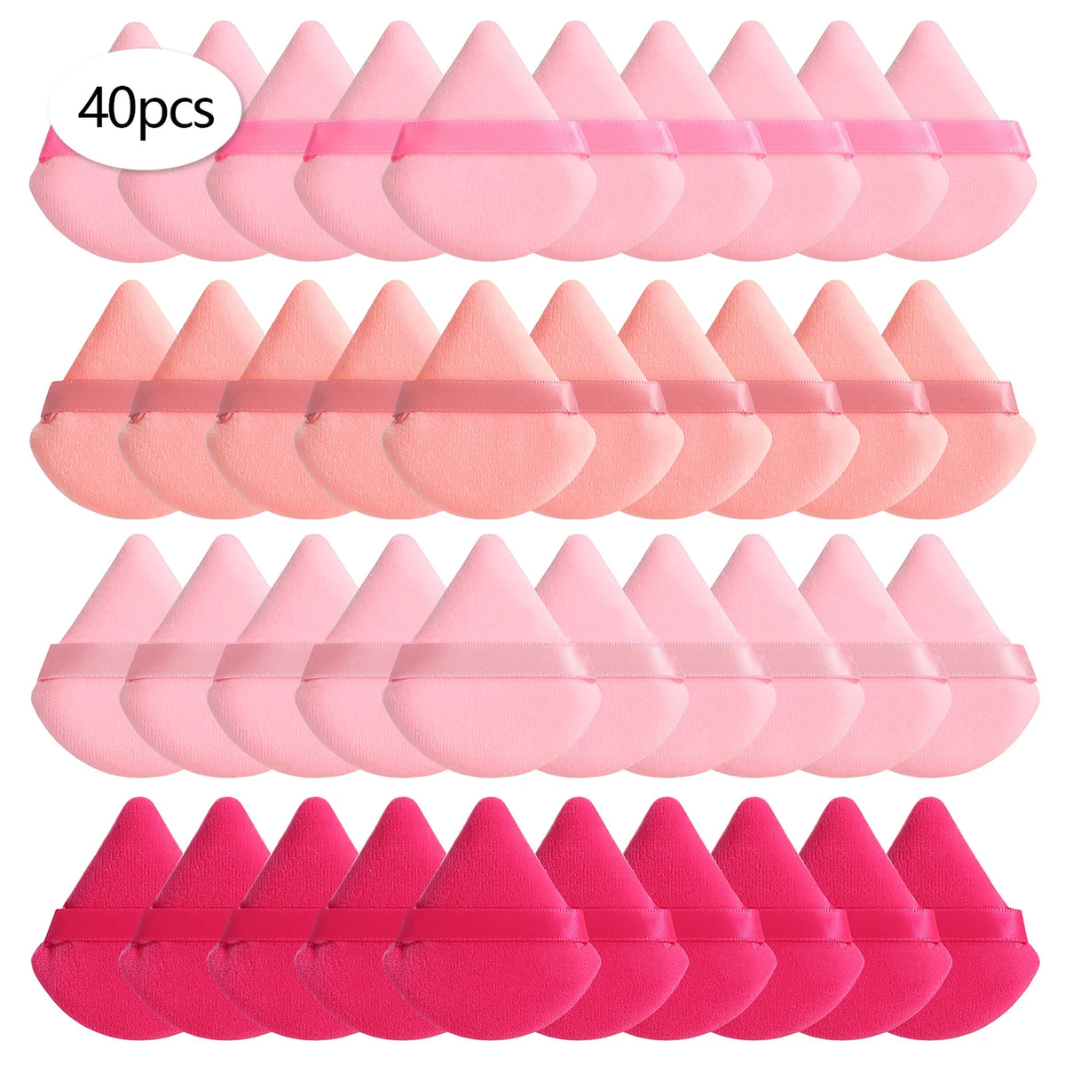 A set of 40 pink cosmetic powder puffs arranged in three rows.