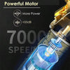Close-up of a professional electric hair trimmer motor showing speed and noise specifications.