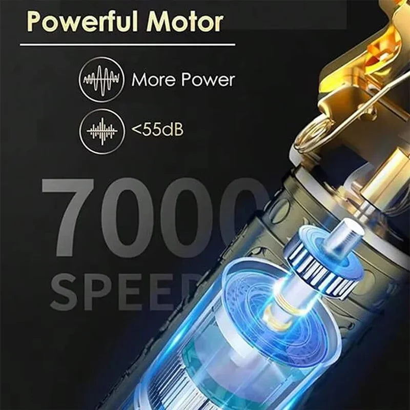 Close-up of a professional electric hair trimmer motor showing speed and noise specifications.
