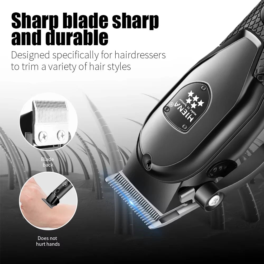 Close-up of a black hair clipper blade and a hand using the device for grooming.