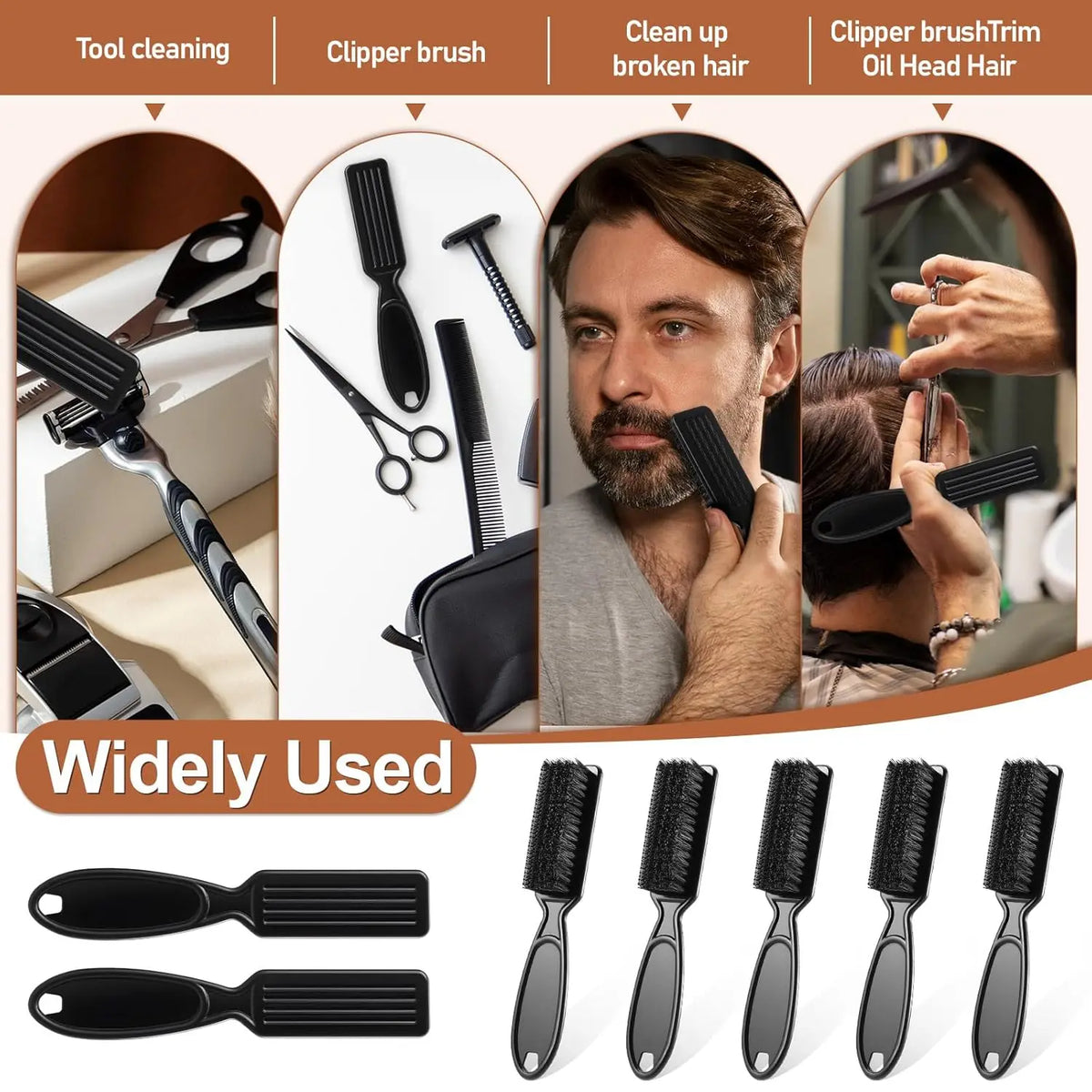 A set of black cleaning brushes and clips used for tool cleaning, hair trimming, and general grooming.