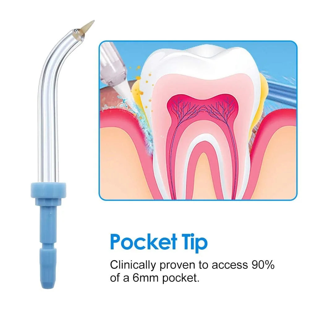 A clear silicone pocket tip for a water flosser, shown next to an illustration of a tooth root and gum pocket.
