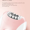 A pink electric body epilator device with multiple precision steel blades is shown against a light background.