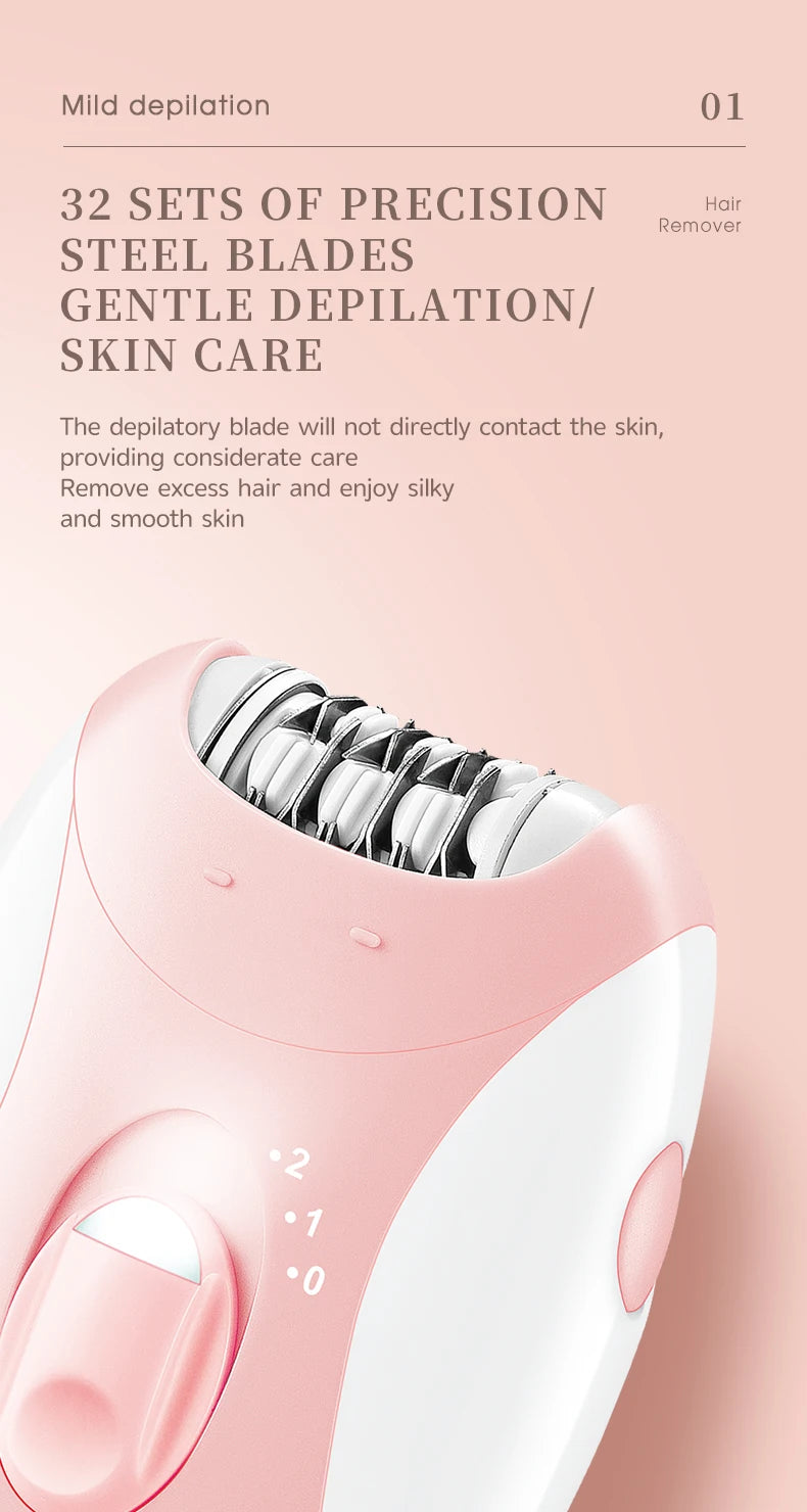 A pink electric body epilator device with multiple precision steel blades is shown against a light background.