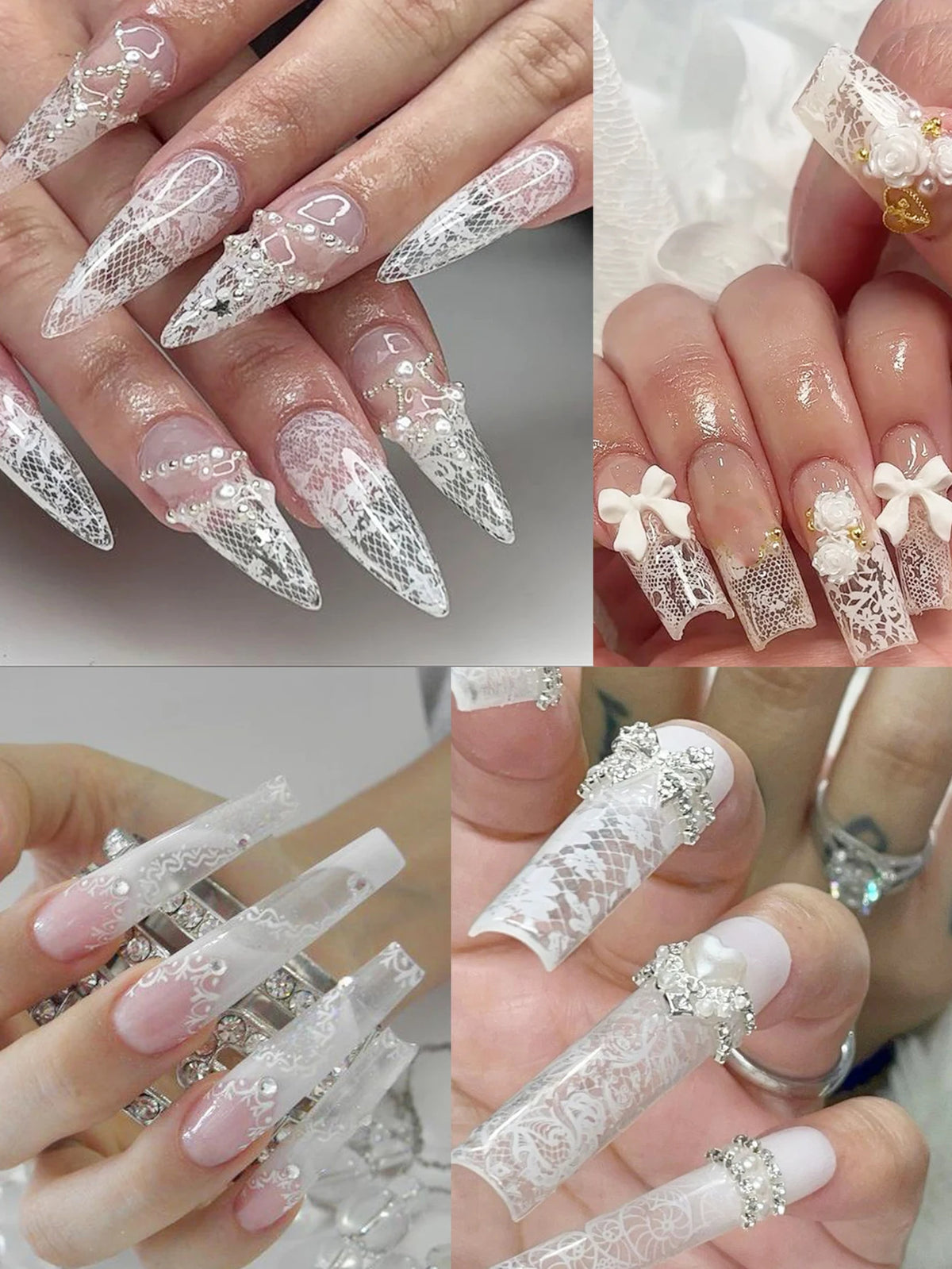 Gros plan sur des mains montrant de longues ongles acryliques décorés de décals de dentelle foil blanc et noir.