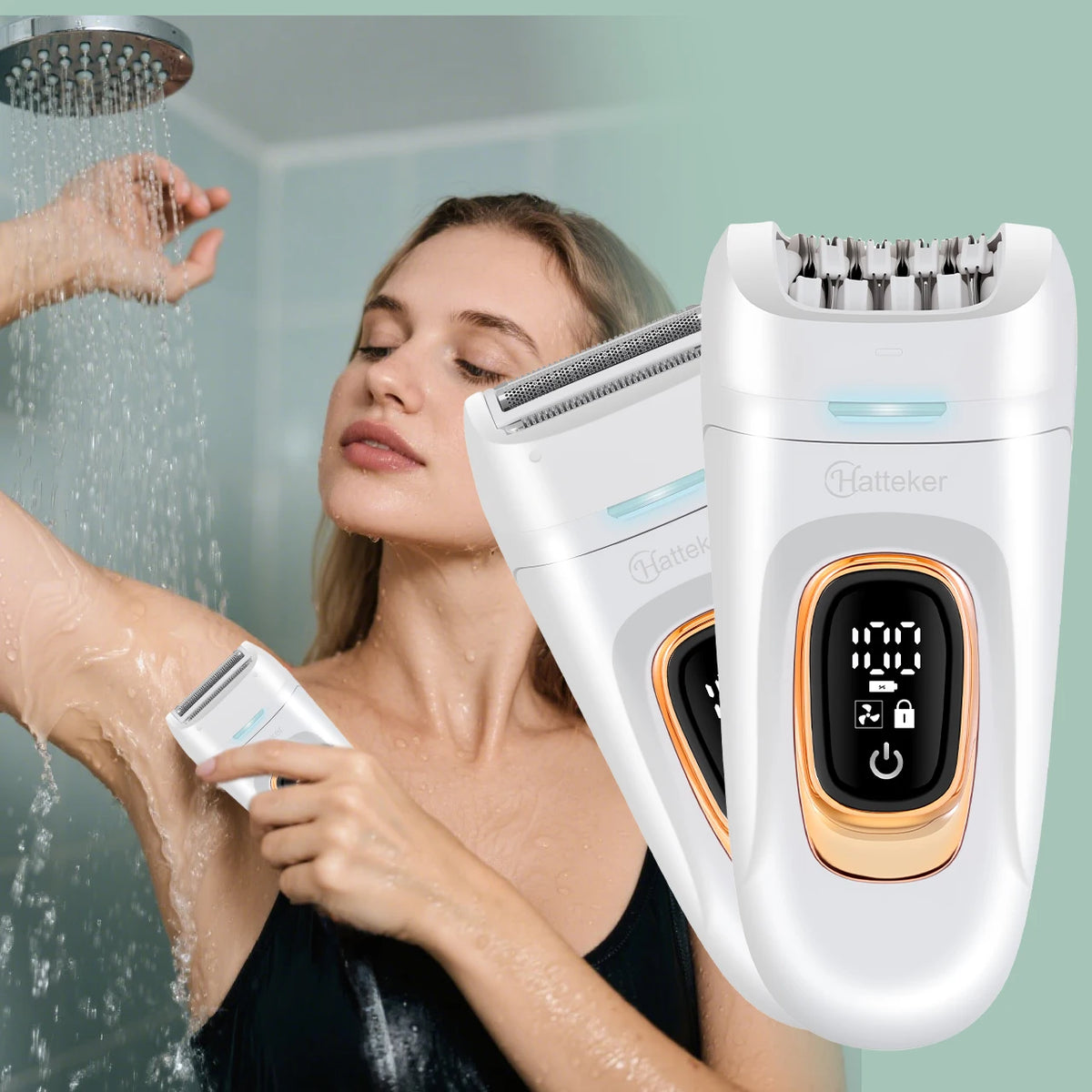 A woman is using a white 2-in-1 rotary body and facial hair remover device on her skin.