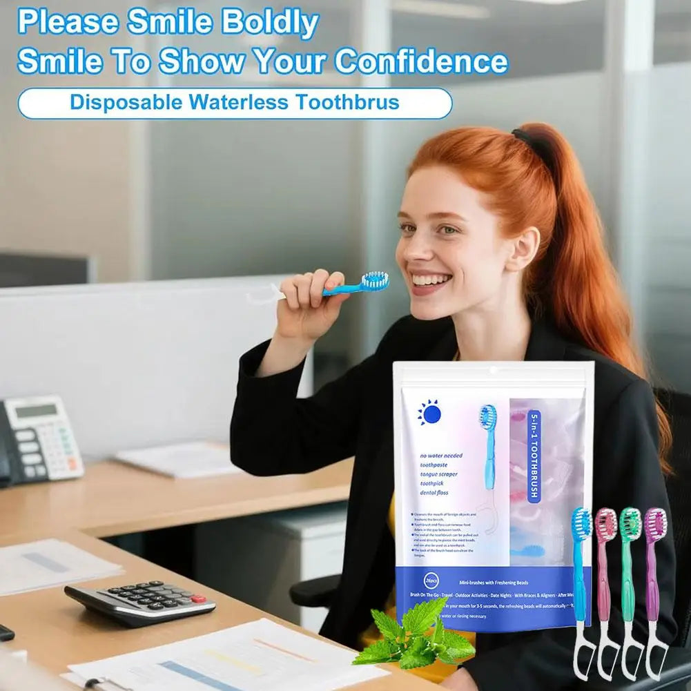 A smiling woman holds a five-in-one bursting bead toothbrush in a white package.