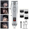 A silver electric hair clipper and trimmer set with various attachments shown alongside a model using the device.