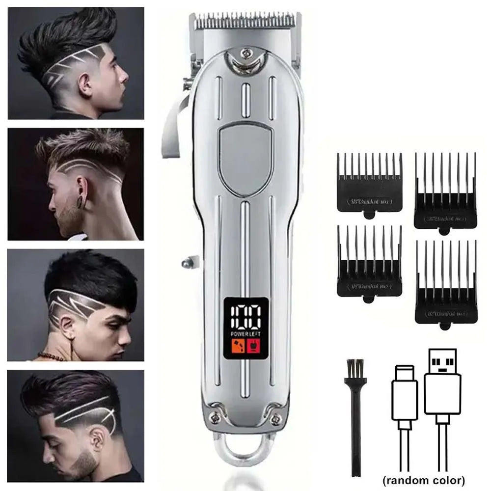 A silver electric hair clipper and trimmer set with various attachments shown alongside a model using the device.