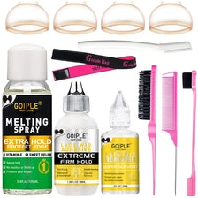 Kit para instalación profesional de pelucas, incluye spray fundente, botella de adhesivo y cepillo de peluca.