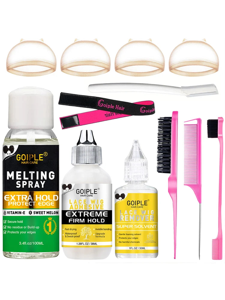 Kit pour installation de perruque professionnelle comprenant un spray fondant, une bouteille d'adhésif et un pinceau à perruq