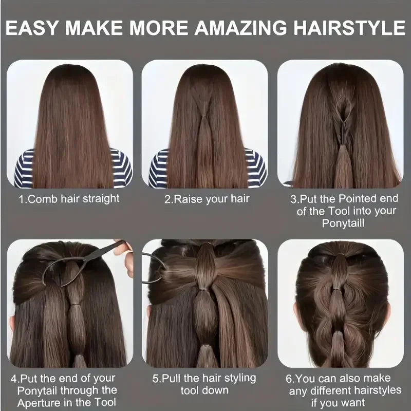A set of tools for making amazing hairstyles showing steps like combing, raising hair, and styling techniques.