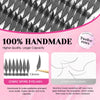 A close-up of black comic spire eyelashes with mixed lengths and twelve rows shown against a pink background.