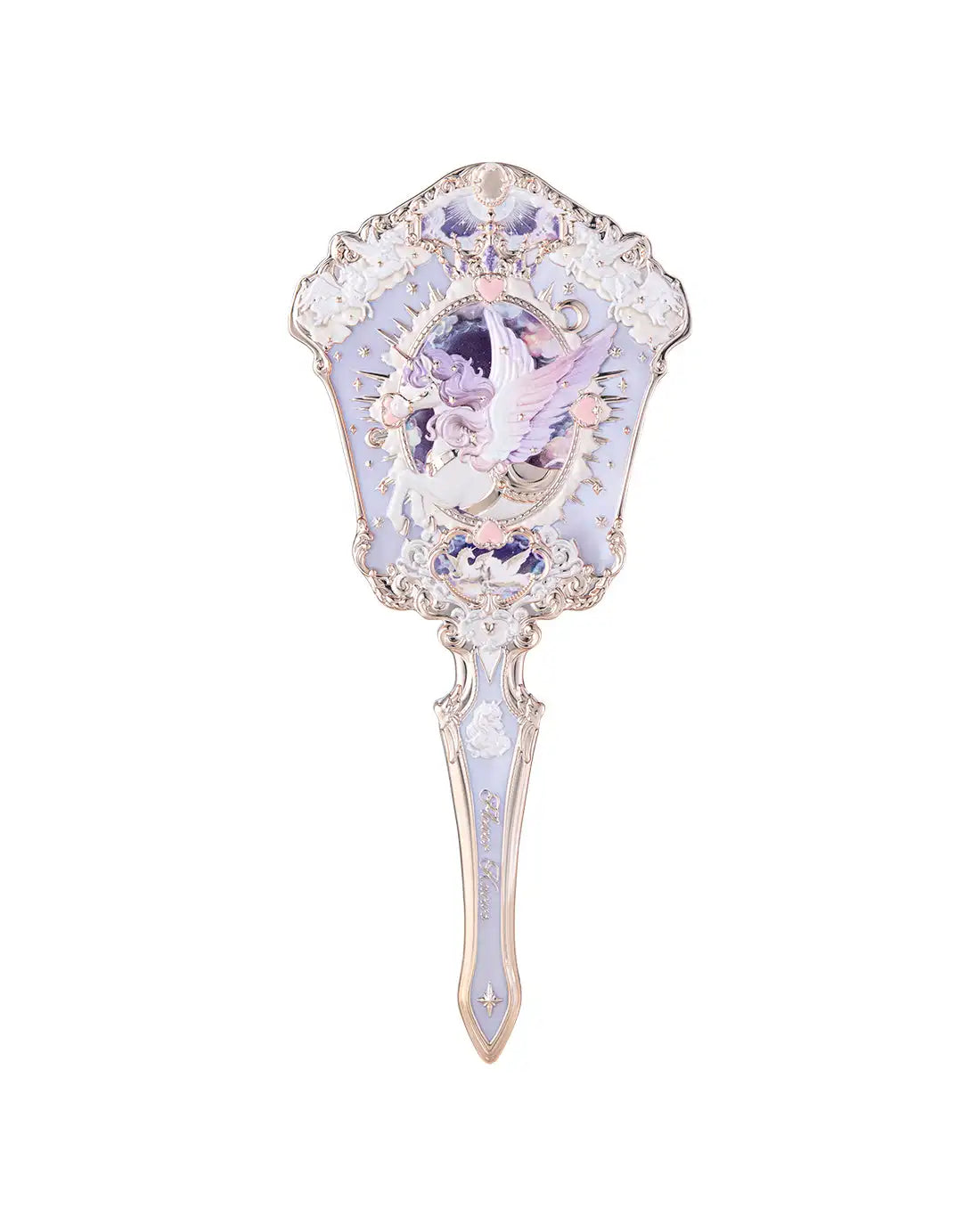 An antique pearl hand mirror with an ornate silver frame and a decorative inset featuring a purple bird.