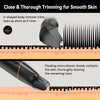 A close-up view of a black V-shaped body trimmer demonstrating hair trimming on skin.