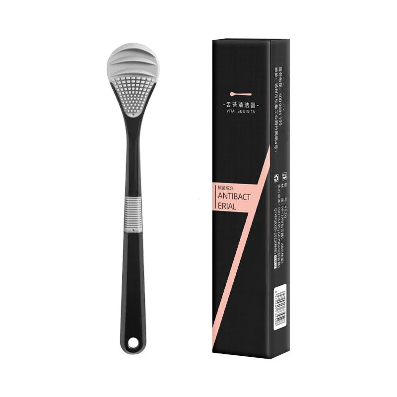 A black reusable tongue cleaner brush with a silver head and packaging box.