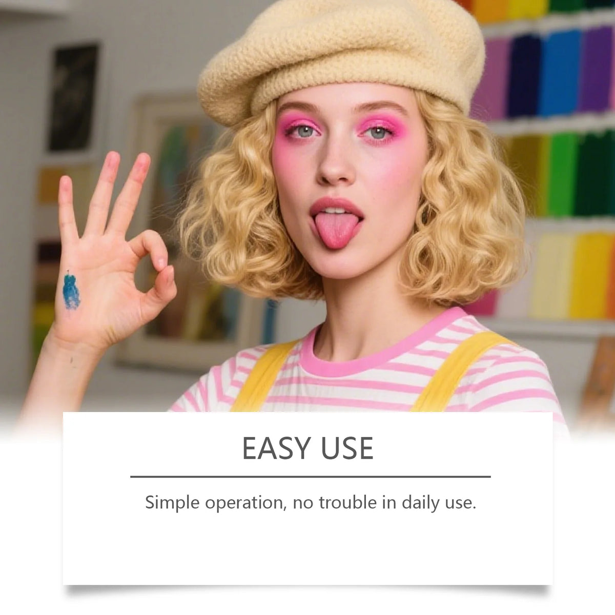 A woman with blonde hair and pink makeup shows her tongue for natural tongue cleaning gel