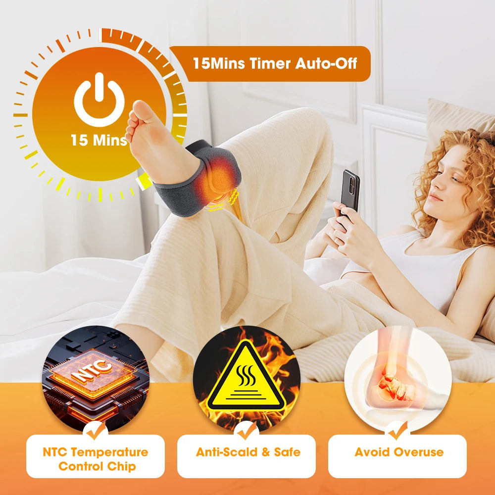 A woman is using a heated ankle massager while relaxing in bed, demonstrating its features.