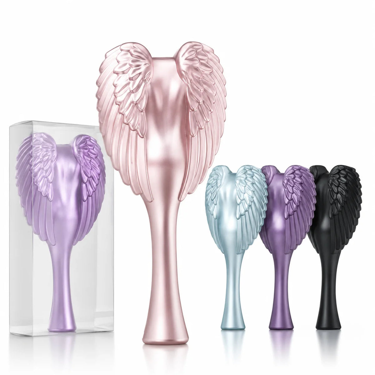 A collection of pink and purple portable anti-static hair combs for scalp massage displayed against a white background.