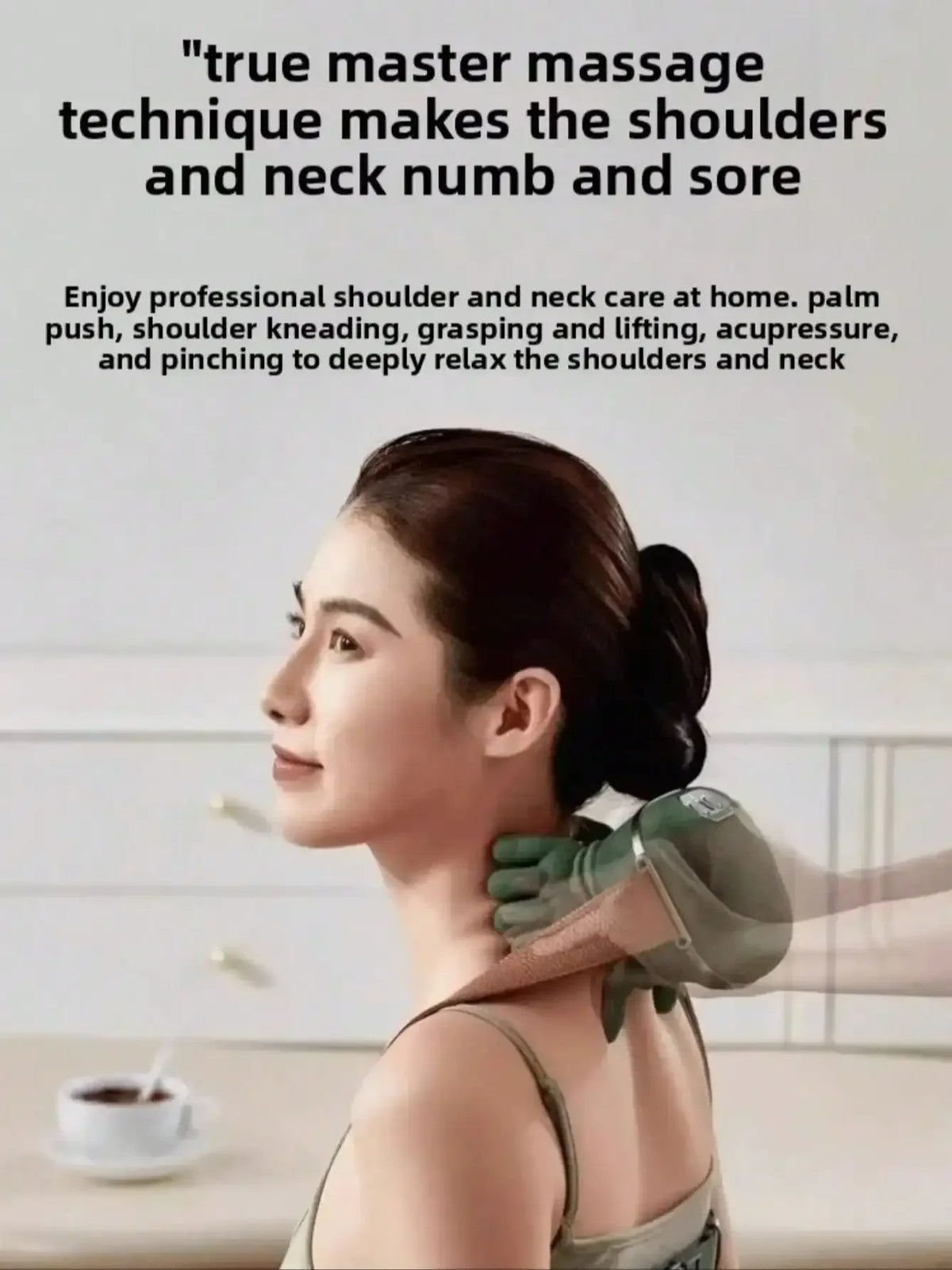 A woman is receiving professional shoulder and neck massage using a green massager on her neck and shoulder.