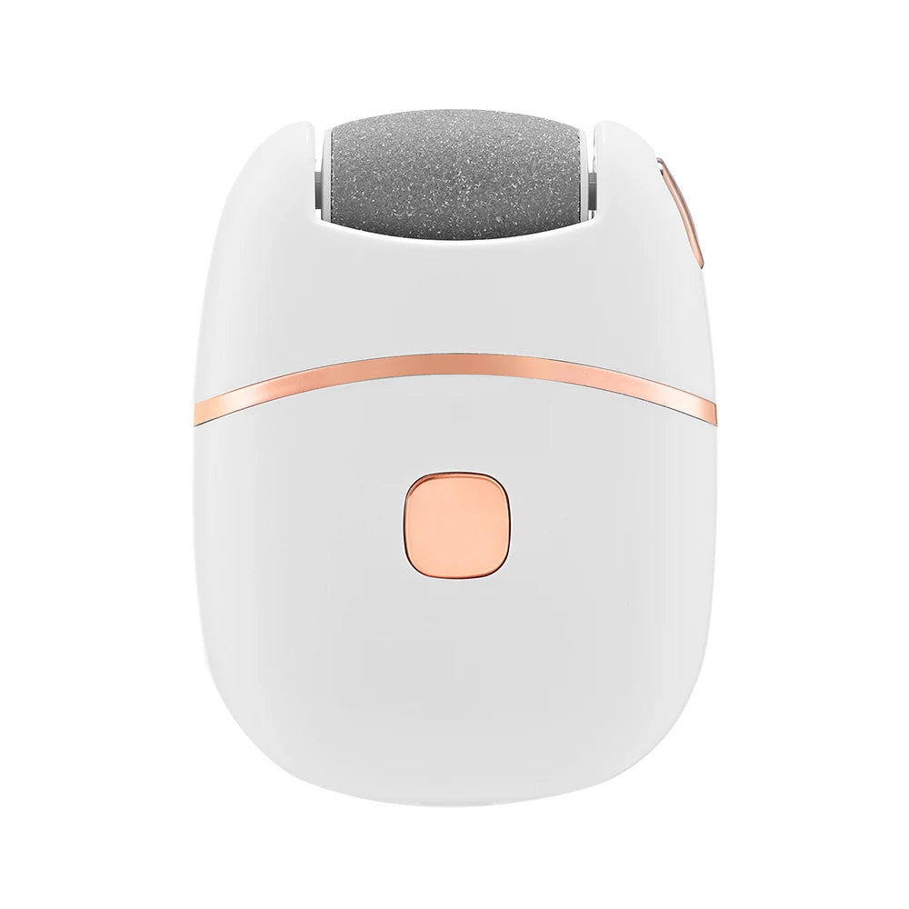 A white electric foot file callus remover device with a gray file head and an orange accent ring.