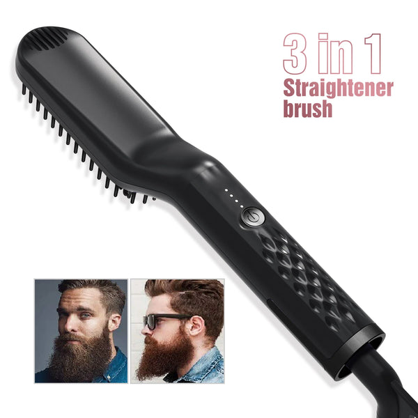 Cepillo planador negro de 3 en 1 con mango texturizado, mostrado junto a ejemplos de peinados para hombres.