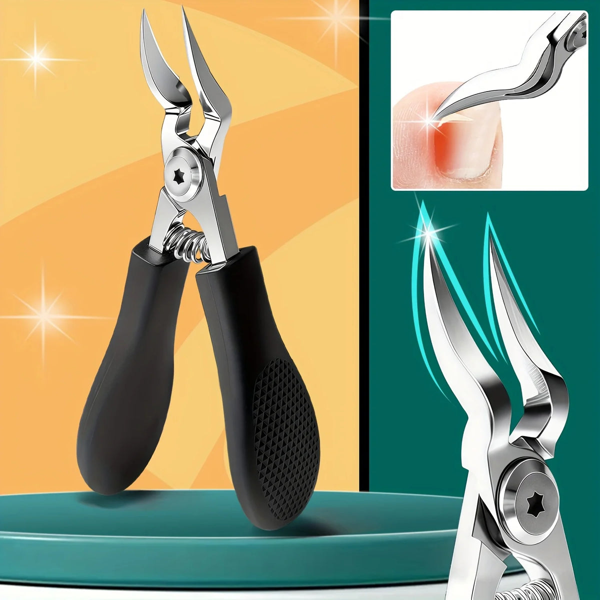 A pair of silver heavy-duty stainless steel nail clippers is shown against a light orange background with a close-up of the c