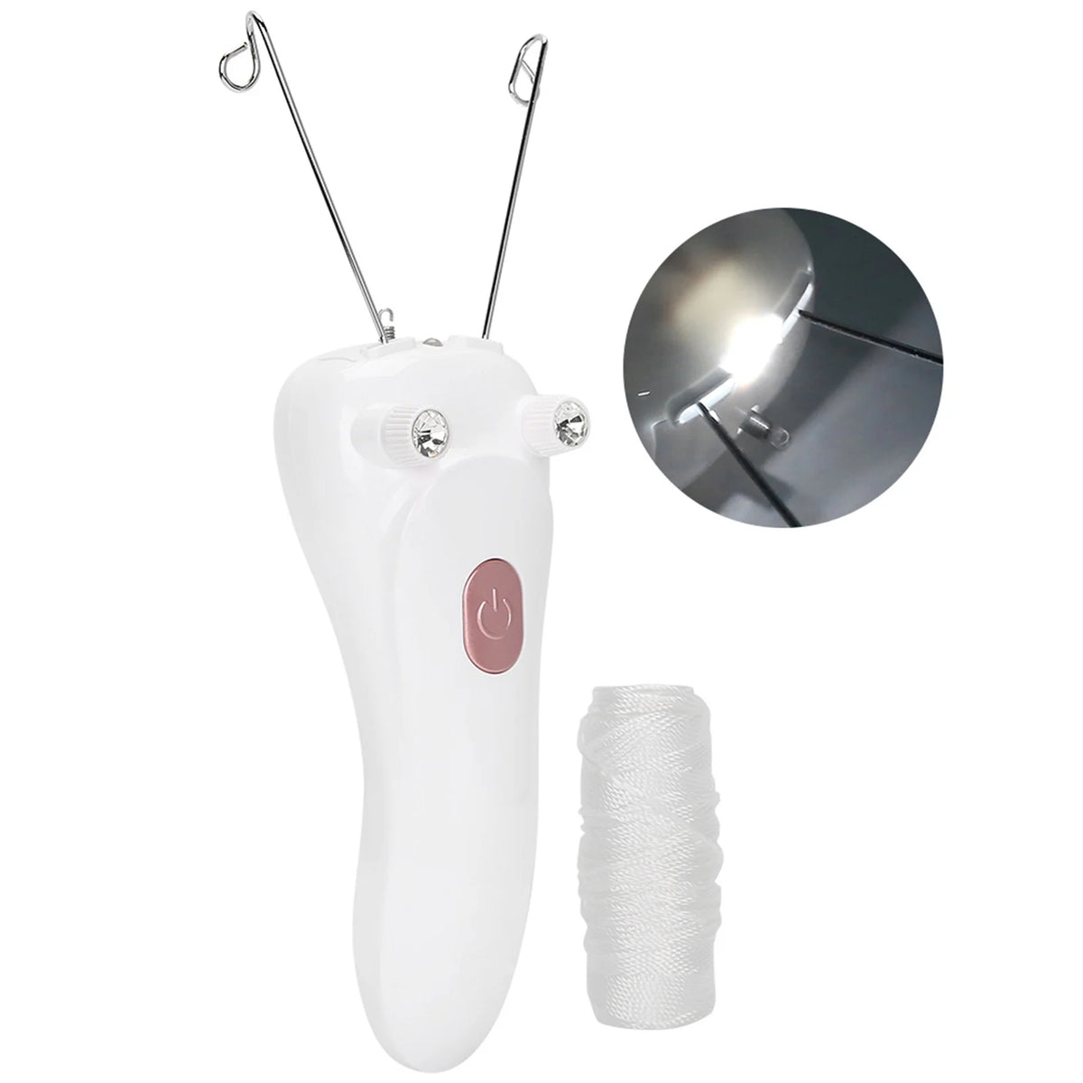 A white electric facial hair remover device with a circular head and a spool of thread visible.