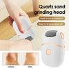 A white electric foot file grinding head is shown being used on a foot, demonstrating its ability to remove dead skin and cal