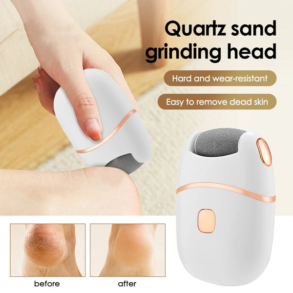 A white electric foot file grinding head is shown being used on a foot, demonstrating its ability to remove dead skin and cal