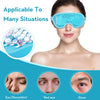 A woman wearing a blue reusable gel eye mask, with close-ups showing relief from eye discomfort, redness, and styes.