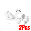 Three white silicone earplugs for noise cancellation used for sleep or swimming.