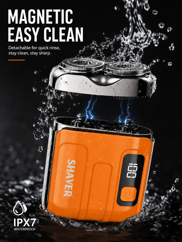 An orange electric shaver is shown being washed under water, demonstrating its magnetic easy clean feature.