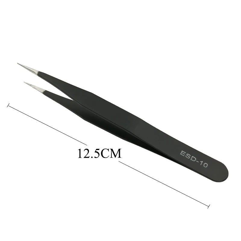 Black stainless steel eyelash tweezers with a 12.5cm length labeled ESD-10
