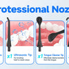 Five professional nozzles for an electric oral irrigator including standard, ultrasonic, tongue cleaner, and curved tips