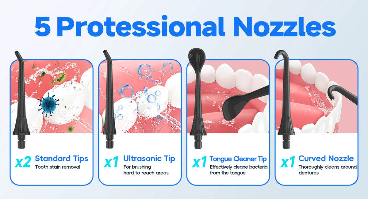 Five professional nozzles for an electric oral irrigator including standard, ultrasonic, tongue cleaner, and curved tips
