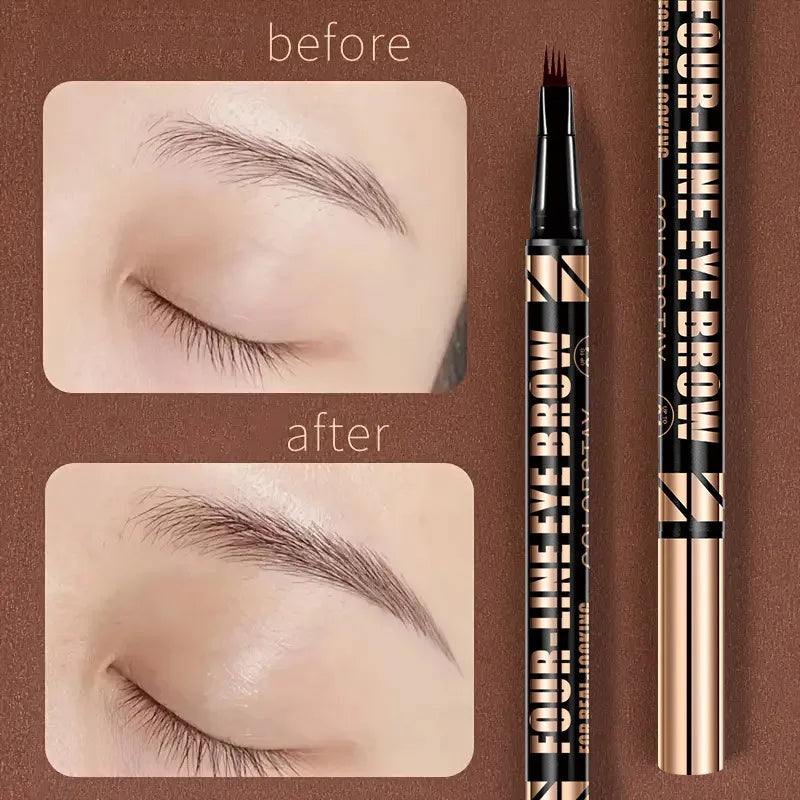 Before and after comparison showing the effect of a liquid eyebrow pencil on an eyebrow.