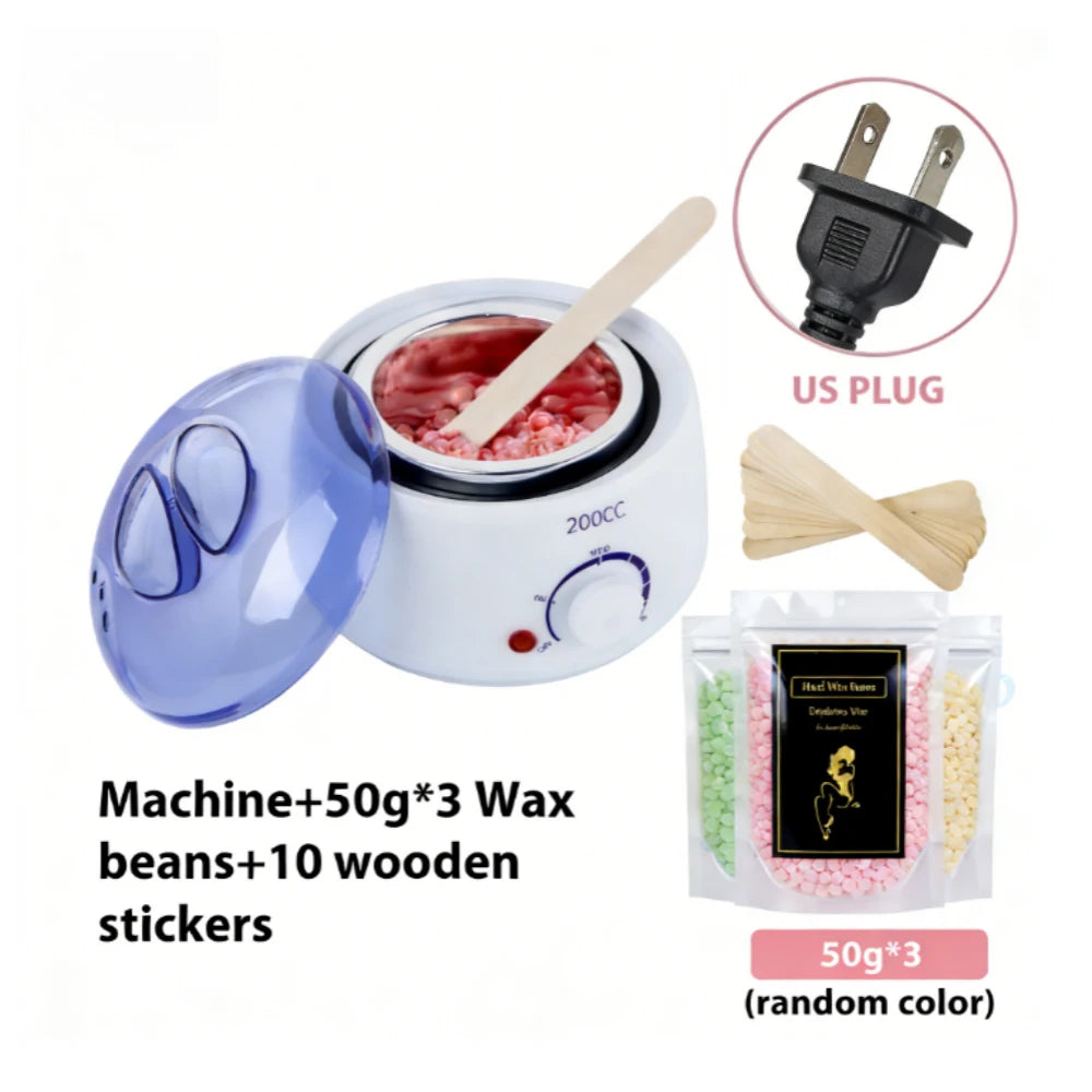 Weiße Wachsheizmaschine mit Glasgefäß und Holzstäbchen neben Paketen Wachsbohnen und Holzstickern.
