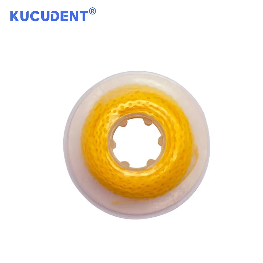 A yellow dental orthodontic power chain elastic rubber band with a clear plastic casing.