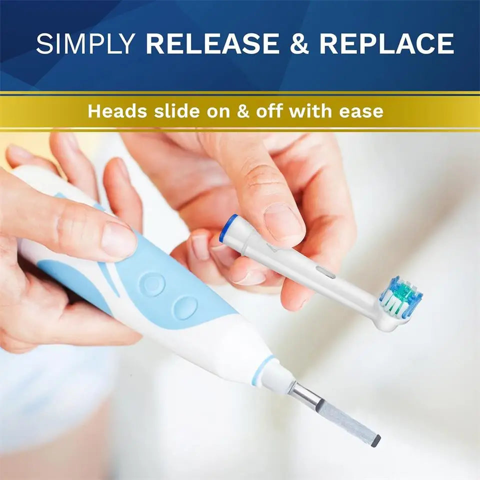 Hands are easily sliding replacement brush heads onto an Oral-B or Braun handle for oral care.