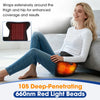 A woman is using an infrared heat and vibration hip massager belt, which wraps around the thigh and hip area.