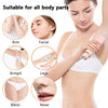 A woman is using a 2-in-1 electric body hair trimmer on various parts of her body including arm, facial, legs, bikini area, a