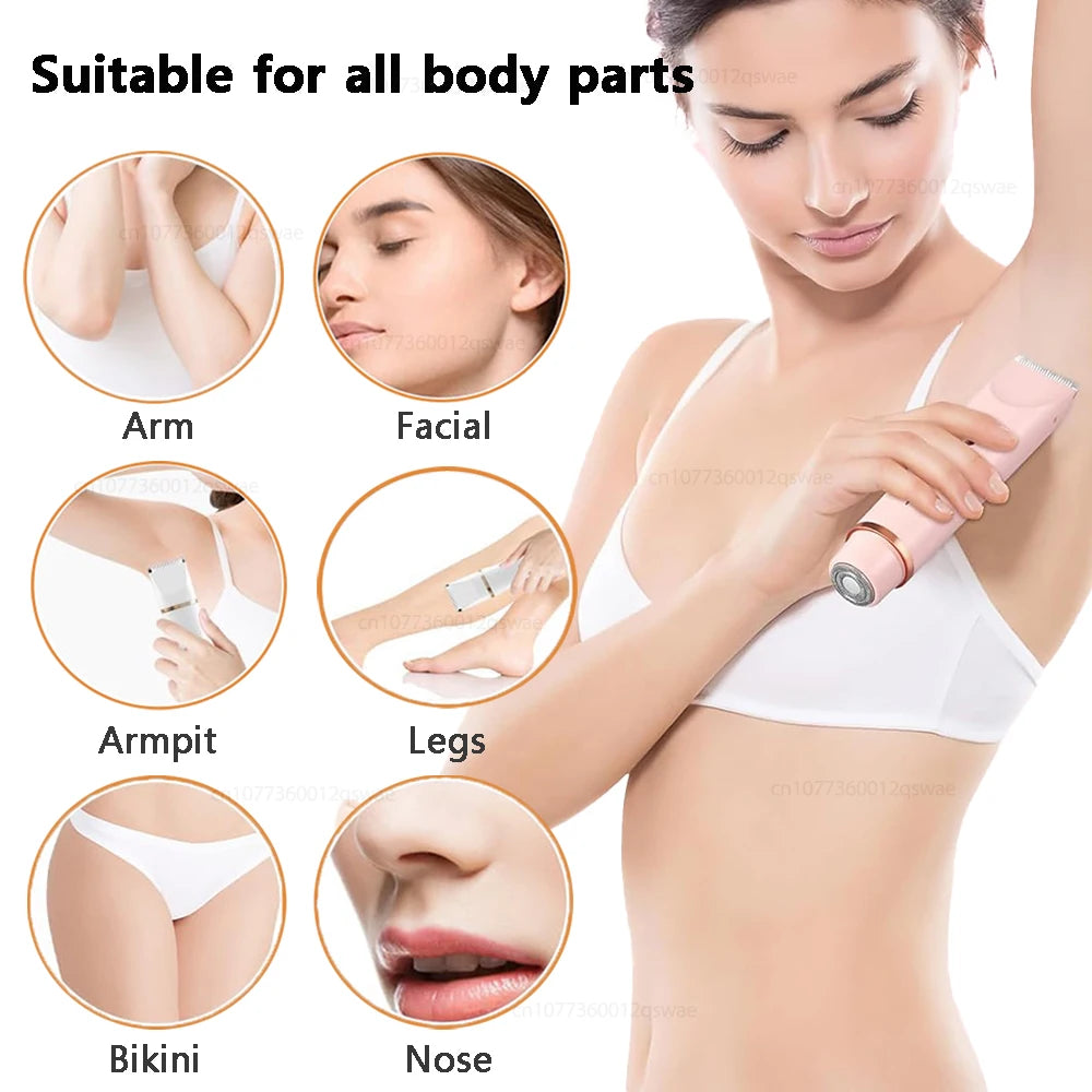 A woman is using a 2-in-1 electric body hair trimmer on various parts of her body including arm, facial, legs, bikini area, a
